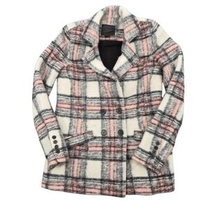 Paige Womens Plaid Wool Blend Double Breasted Pea Coat Pink Cream Grey Small